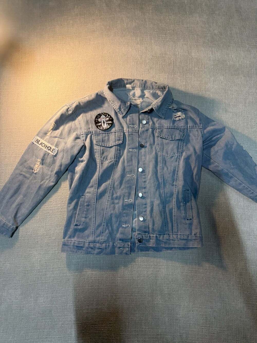 Graphic Applique Distressed Light Wash Denim Jacket with Alien Patch